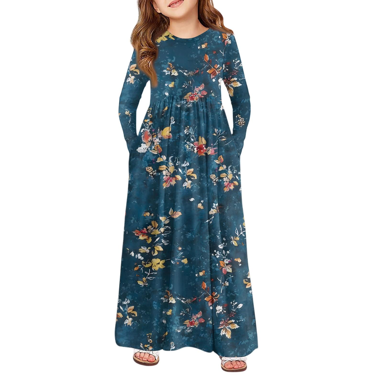 

Девичье платье макси - Платье с длинным рукавом и карманом 130 тёмно-синий