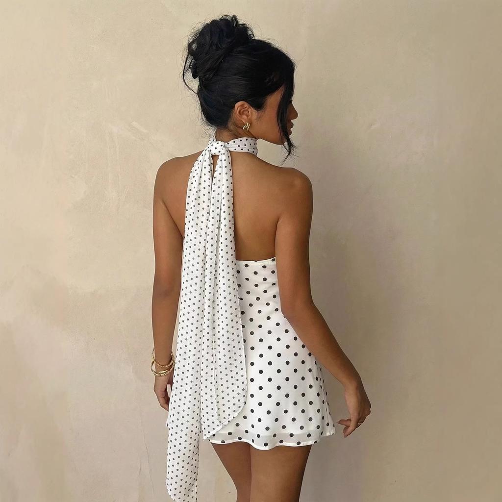 European and American new summer polka dot suspender dress women's clothing neck halter short skirt French sexy skirt women