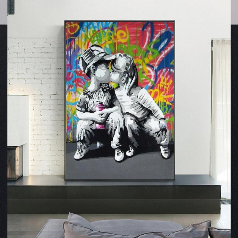 Kids Kiss Street Graffiti Art Canvas Paintings On The Wall Art Posters and Prints Art Canvas Pictures for Living Room Wall Decor