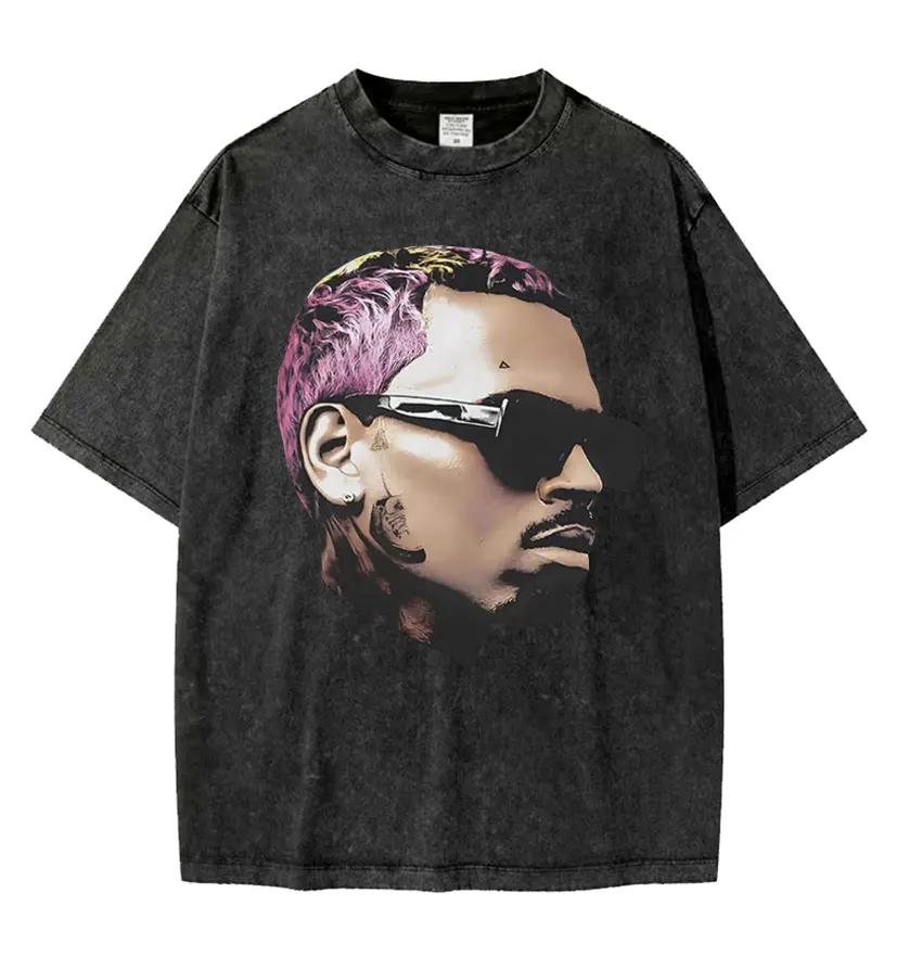 Rapper Chris Brown Breezy Großes Gesicht Grafik T-Shirt Unisex Damenmode Vintage Gewaschen Übergroß Kurzarm T-Shirts Streetwear