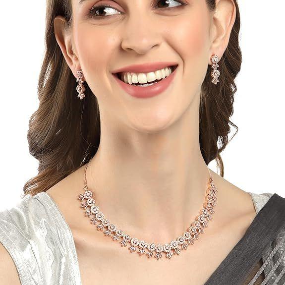 Women American Diamond Studded Necklace With Earring Detailing Jewellery Set For Women and Girl