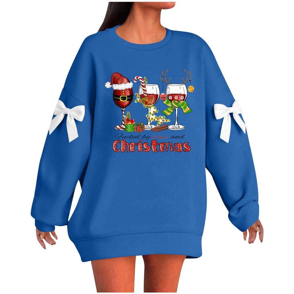 Ladies' Christmas Printed Bow Round Neck Long Sleeved Loose Pullover Sweater Sweatshirt Top