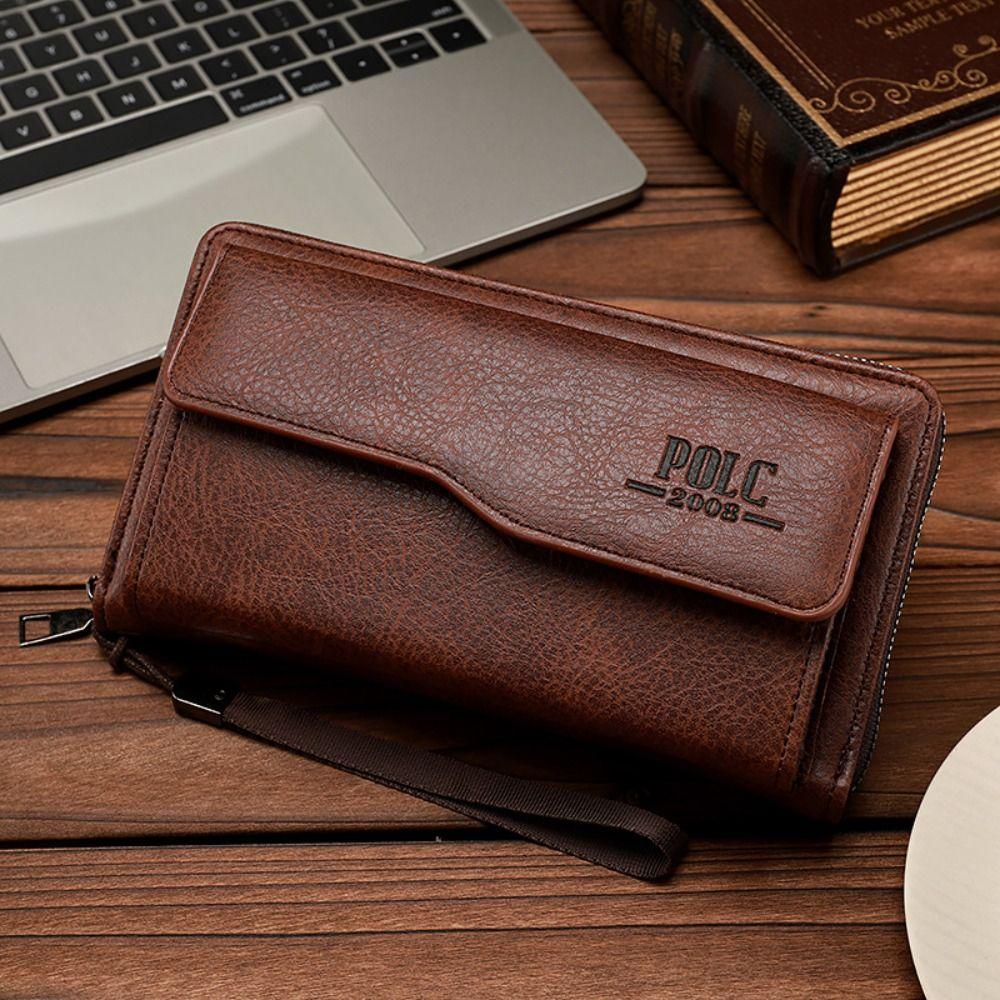 Leather 2 Fold Purse Large Capacity Men's Hand Bag Casual Men's Long Wallet  Outdoor