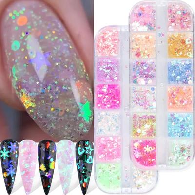 12 Gitter Holografische Nagelflocken Fluoreszierendes Nagelglitterpulver Schmetterling Chamäleon Unregelmäßige Laserverlaufsfoliendekoration