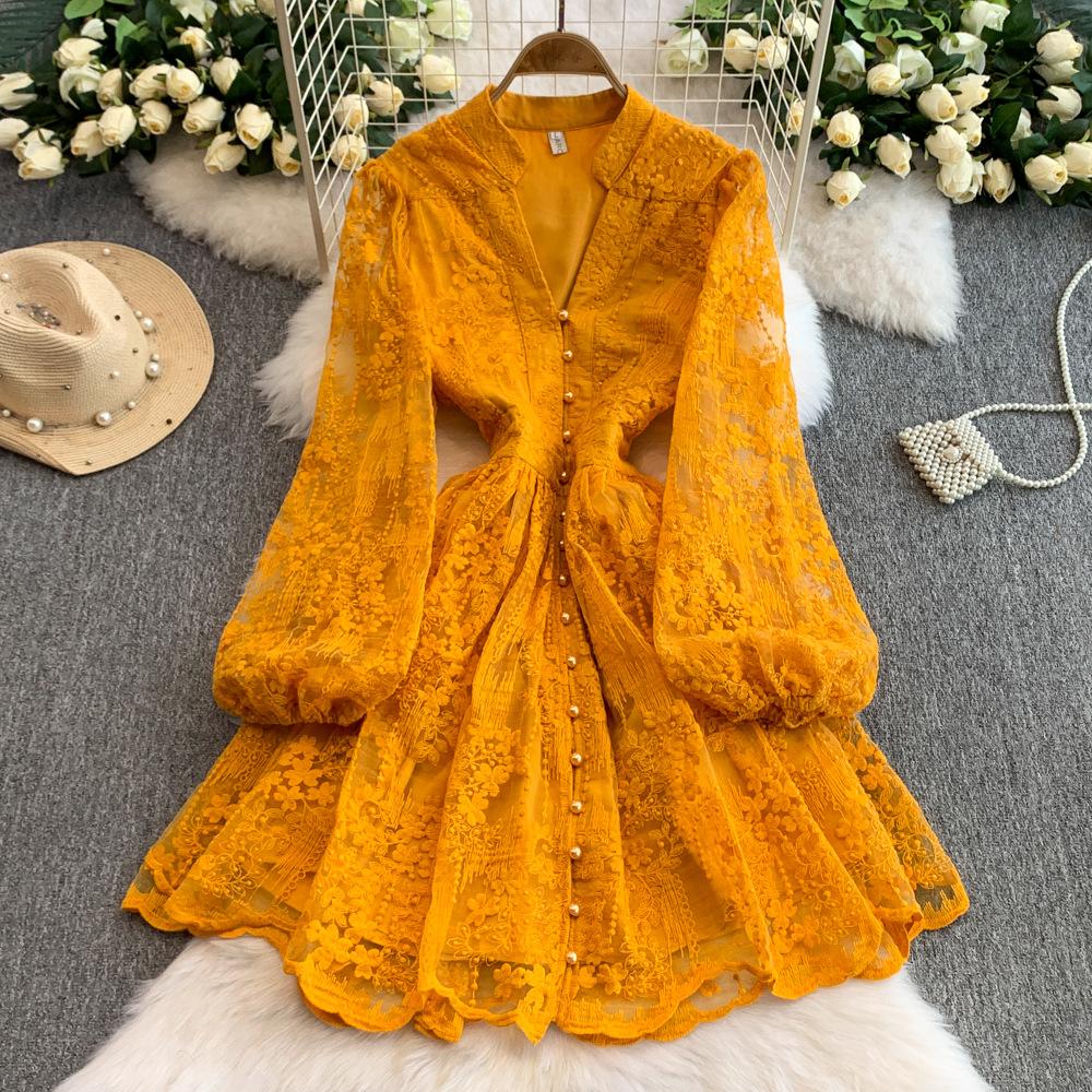 

2025 Лето и Осень Винтажный Придворный V-образный вырез Рукава-фонарики Мода Вышивка Универсальное А-силуэтное Элегантное Платье 2XL темно-желтого