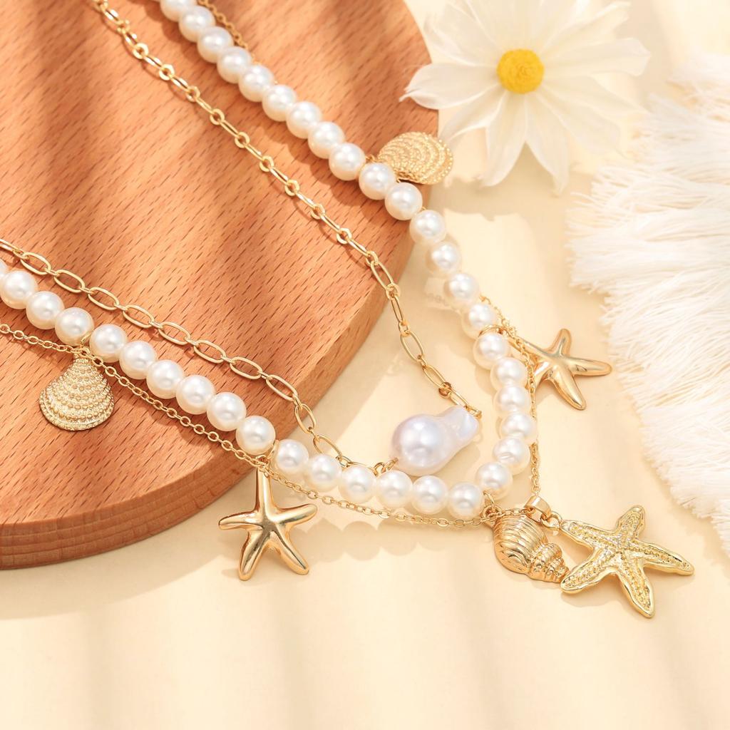 Summer ocean vacation starfish shell conch pearl multi-layer necklace fashionable exaggerated multi-layer necklace