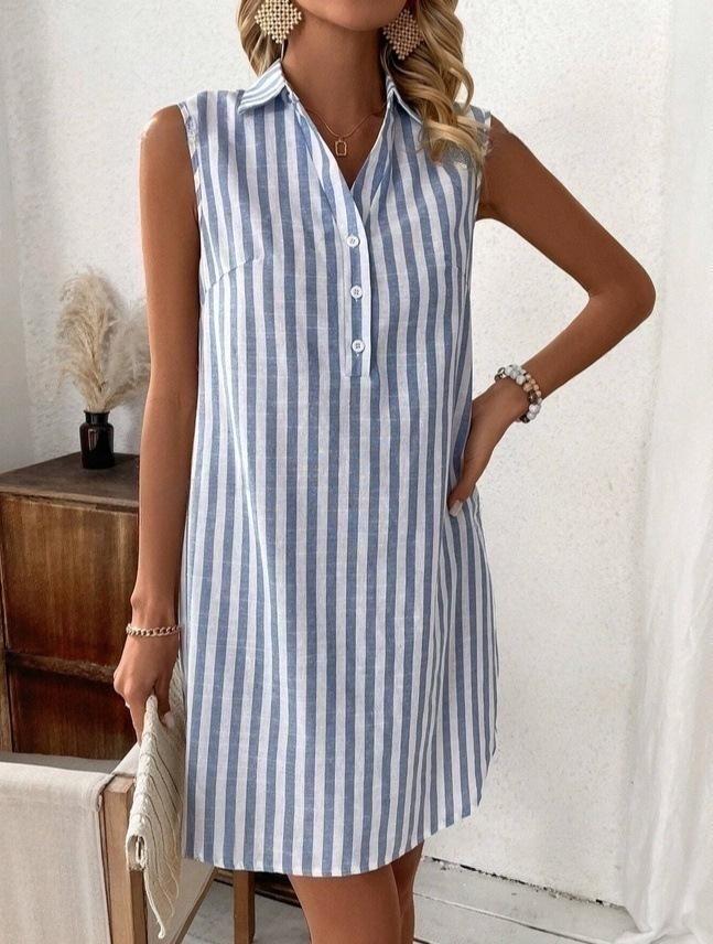 2026 Sleeveless Striped Button-Up Casual Women's Shirt Dress