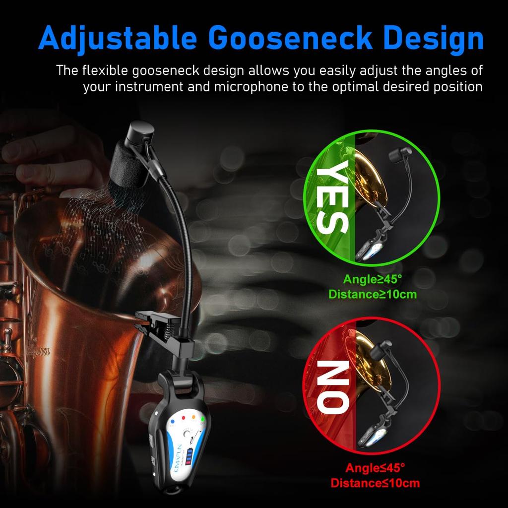 KIMAFUN 2.4G Wireless Saxophone Microphone, Clip-on Instrument Microphone, Plug & Play, Noise Reduction, 30M Transmission Range, 8 Hours of