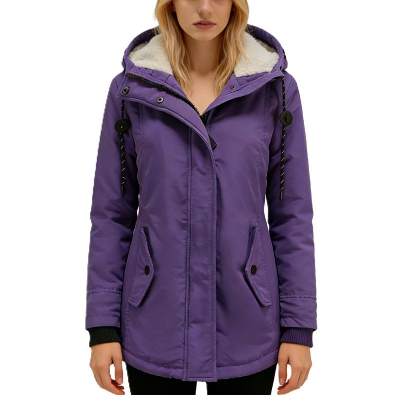 Women's Hooded Sherpa Lined Midi Coat Solid Color Zip Up Warm Winter Casual Outerwear Jacket