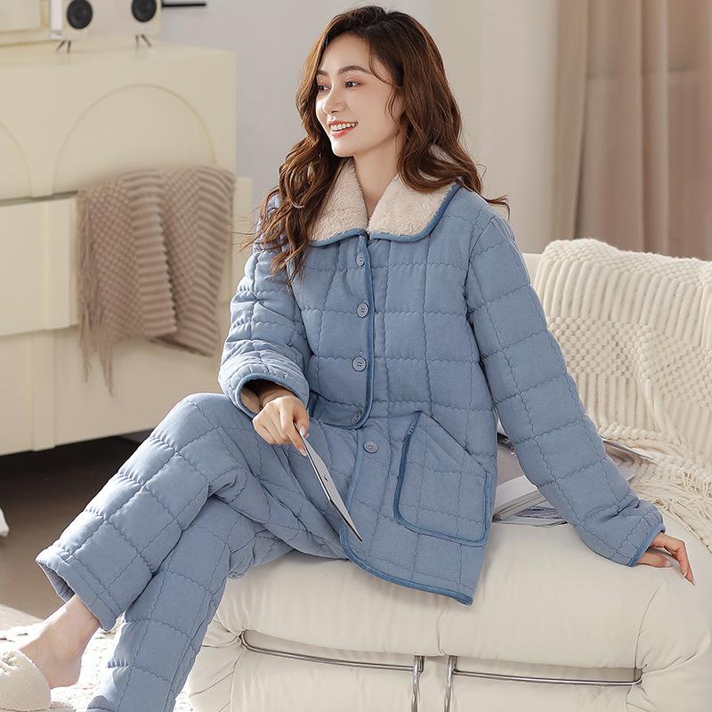 Pajamas Women'S Winter Three-Layer Thickened Fleece Coral Fleece Padded Cotton Women'S Flannel Winter Padded Jacket Loungewear Set