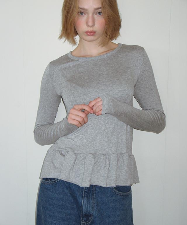 RONRON Pendant Ruffle Layered Slim Long Sleeve Gray