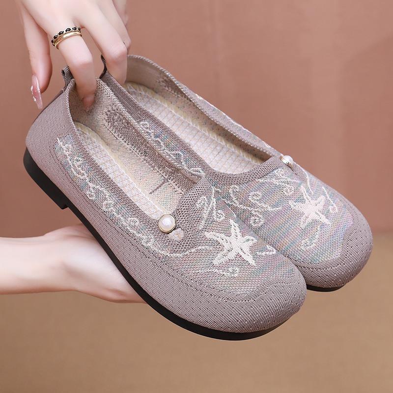Shoes Women's Cloth Shoes Medium and Comfortable Single Shoes Breathable Fly-woven Grandma Shoes One Pedal Soft-soled Women's Shoes