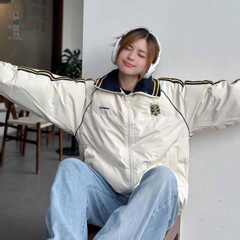 Sweet color matching striped embroidered three-bar cotton suit women's winter letter embroidered warm student jacket