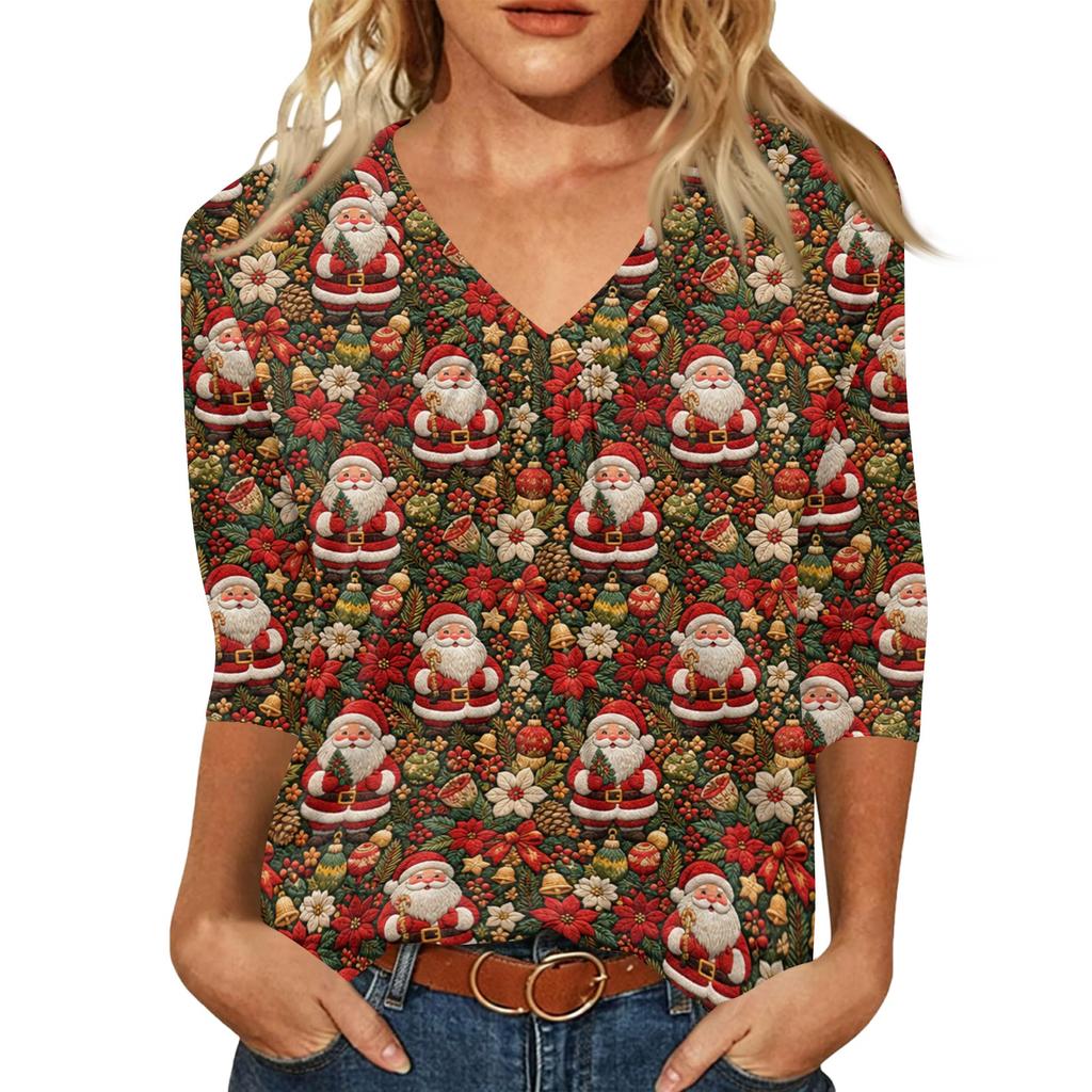 Women's Fashion Casual V-Neck Christmas Print 3/4 Sleeve Top for Holiday Party Wear