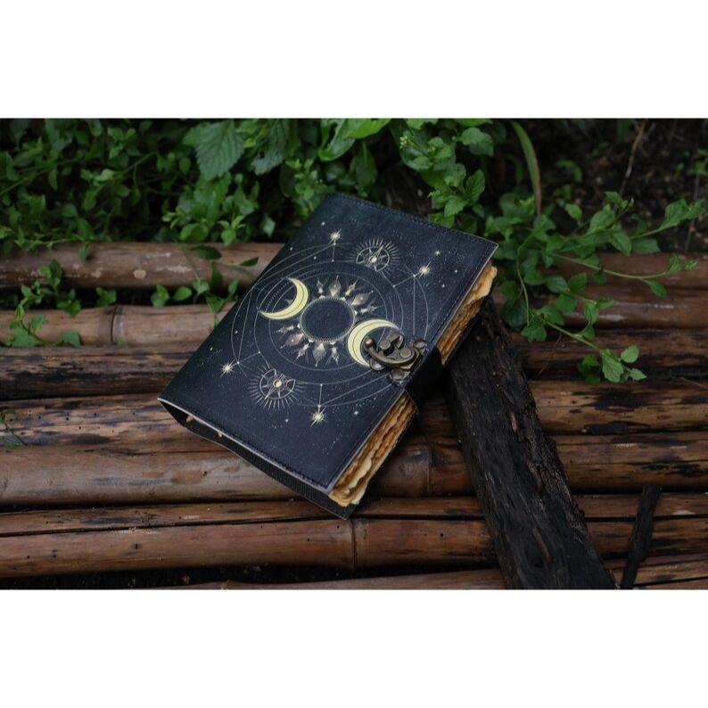 Sun Moon leather journal for Men Women 200 Pages of Antique Handmade Deckle Edge Vintage Paper traveling sketchbook