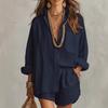 Summer New Lazy Style Shirt Set Fashion Solid Color Shorts Two Piece Set Women