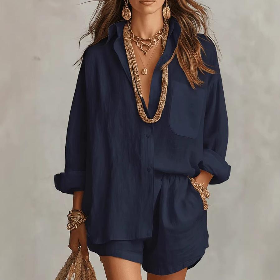 Summer New Lazy Style Shirt Set Fashion Solid Color Shorts Two Piece Set Women