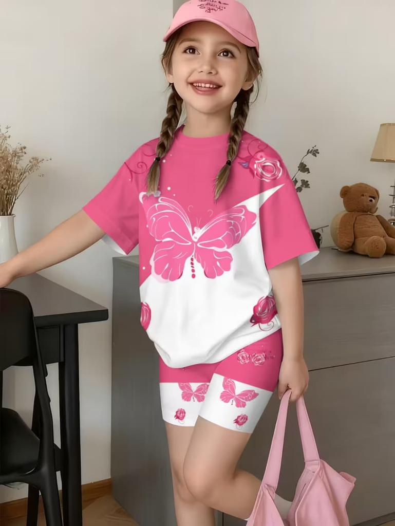 Whimsical 3D Butterfly Print 2 Piece Kids Summer Casual Set Lightweight Short Sleeve Shorts For Unisex Boys Girls