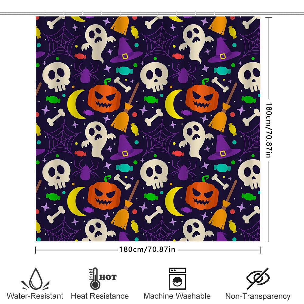 Halloween-Themed Shower Curtain With Spooky Designs Featuring Pumpkins, Ghosts, Witches Hats Candy! 100% Waterproof Fabric Suita