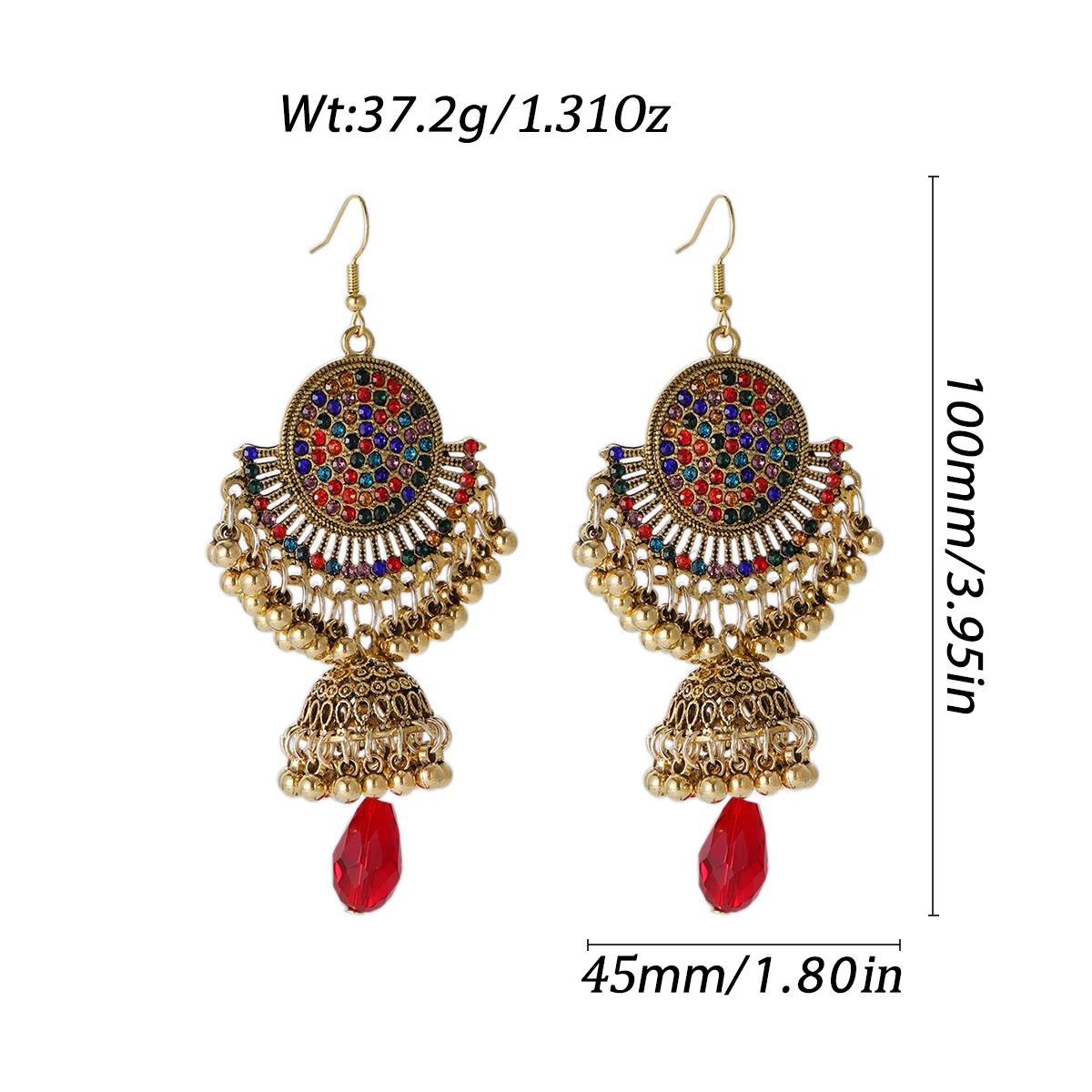 

New Vintage Colorful Crystal Earring for Women Luxury Gold Color Round Carved Bell Pendant Earrings Girl Female Boho Jewelry