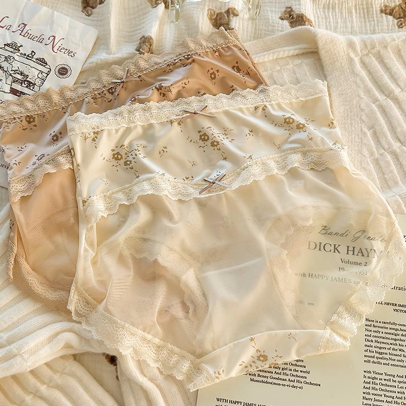 Plus Size Ladies' Retro Bow Flower High Waisted Sexy Lace Breathable Triangular Underwear