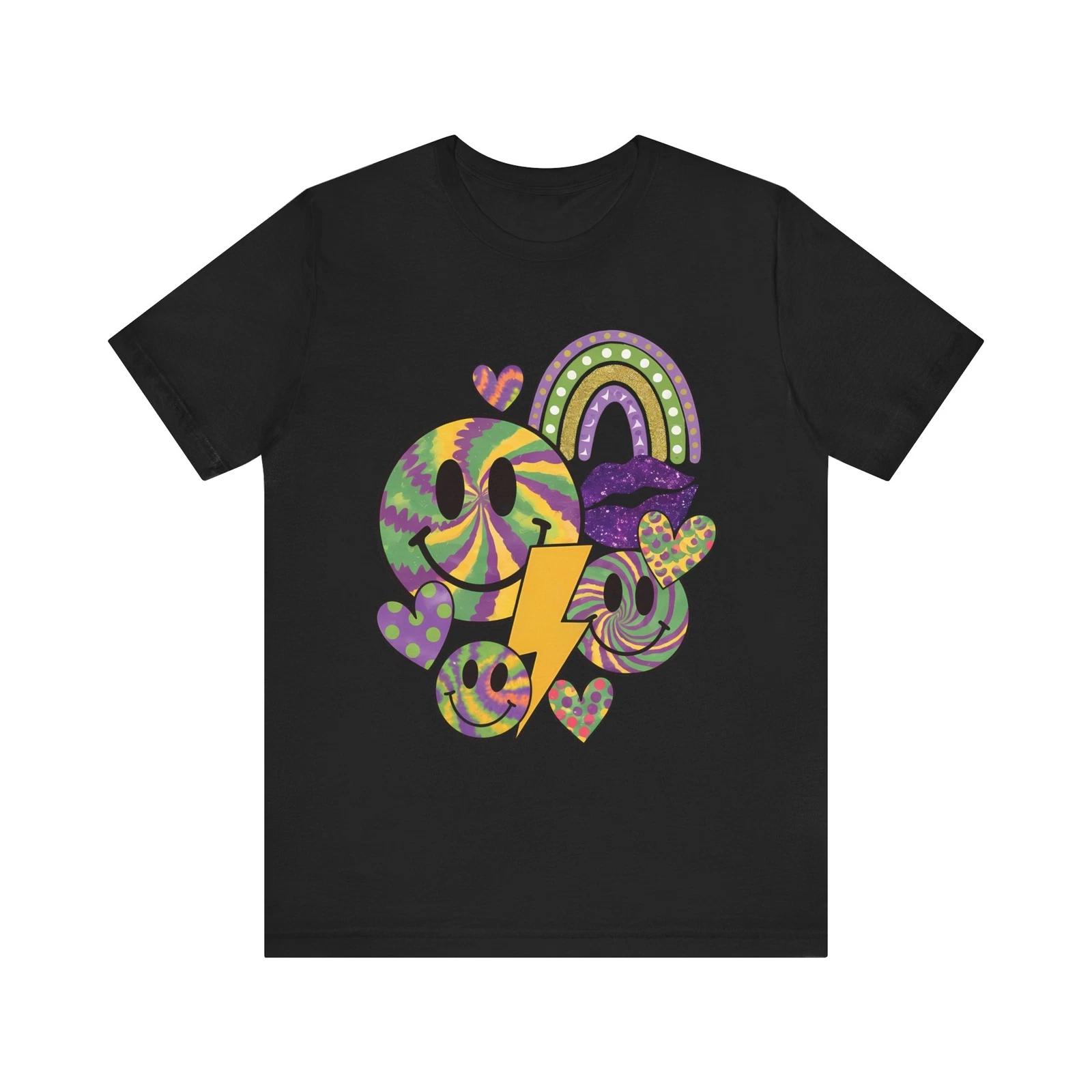 Mardi Gras Happy Face Retro Tie-Dye Lightning Bolt Lips T-Shirt M