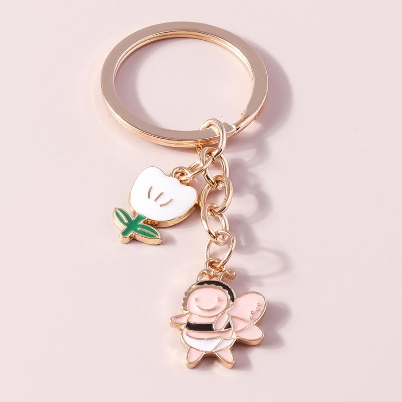 Cute Enamel Flower Bee Keychain Animal Key Rings Pendants for Women Girls Handbag Accessories DIY Jewelry Gifts