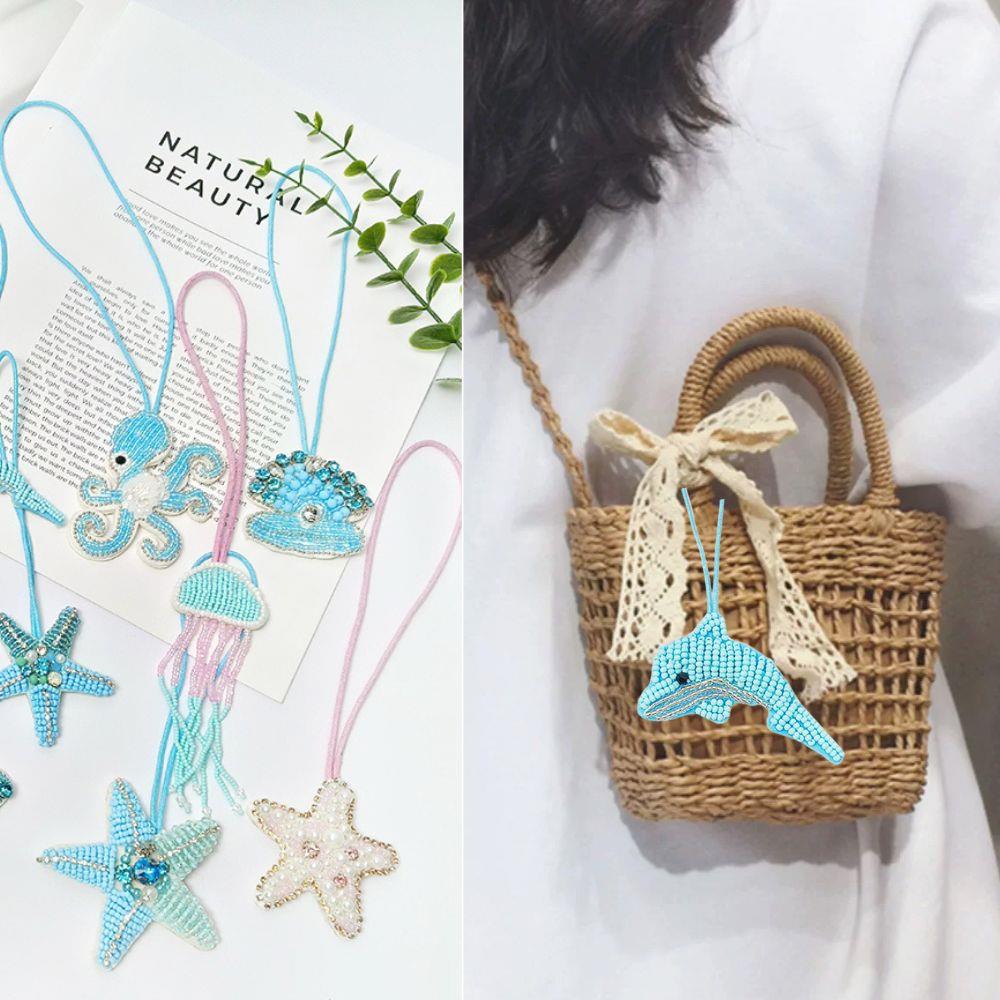Whale Starfish Hanging Rope Keychain 3d Handmade Rhinestone Beaded Patches Crystal Bag Lanyard Hanging Bag Charms Accessories