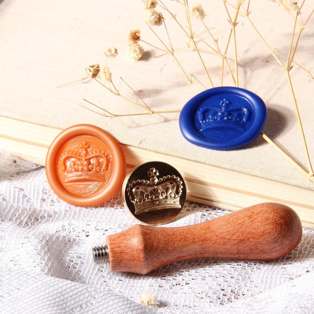 3D Crown Wax Stamp, 2.5cm/1'' Removable Brass Head with Wooden Handle, Adhesive Wax Seal for Wedding Invitations, Kids DIY Creative Gift Idea