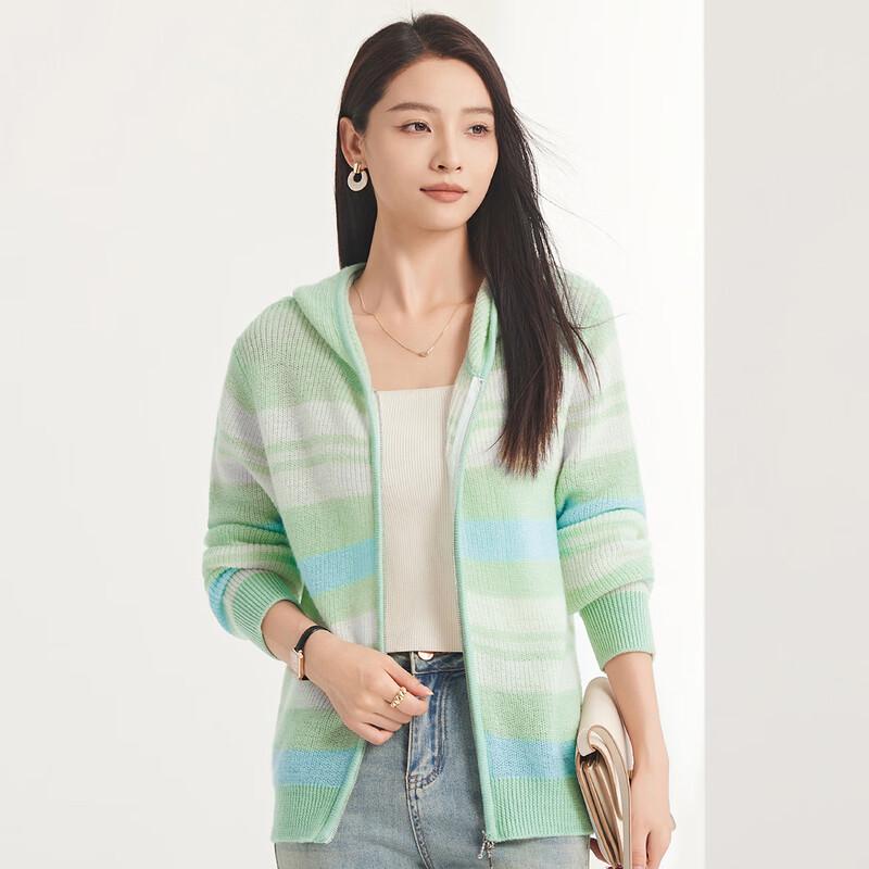 FAPAI Women's 100% Wool Striped Zip-Up Hoodie Cardigan