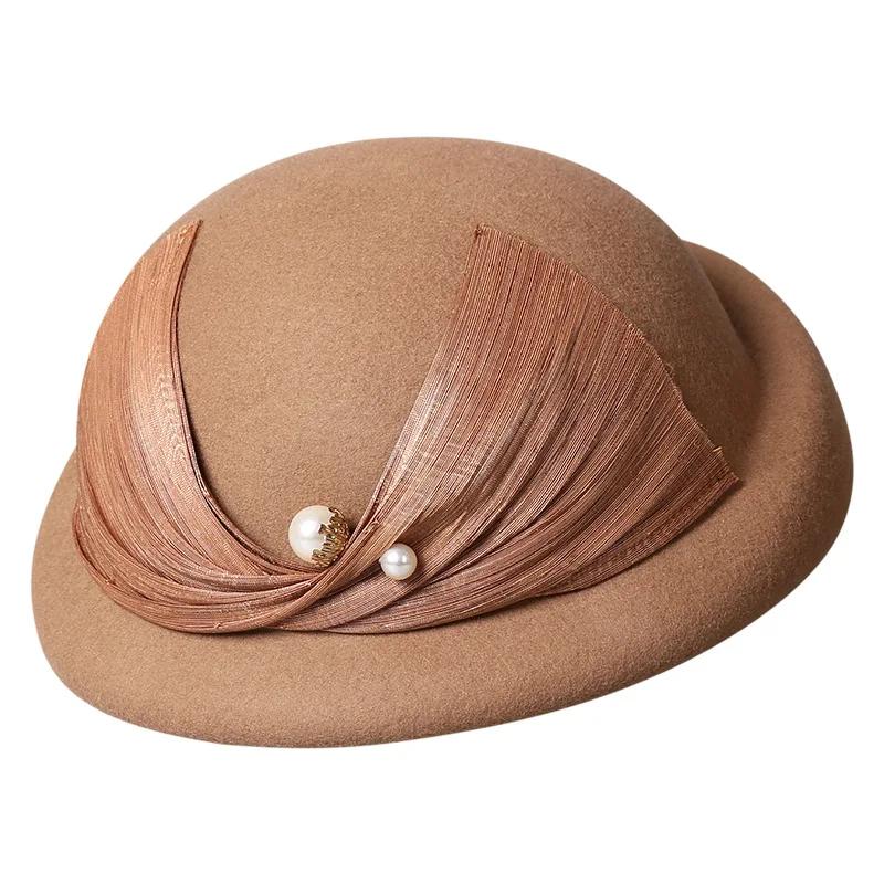 French Silk Linen Beret Women Australian Wool Felt Hat Pearl Accents Designer Winter Socialite Chic Hat