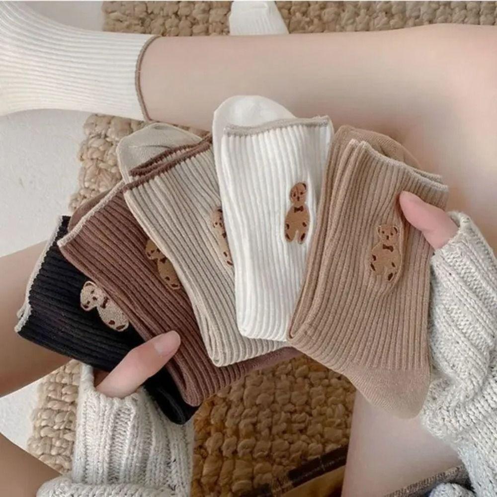 5 Pairs Bear Embroidery Snow Boot Socks Breathable Sports Socks Women Socks  Winter