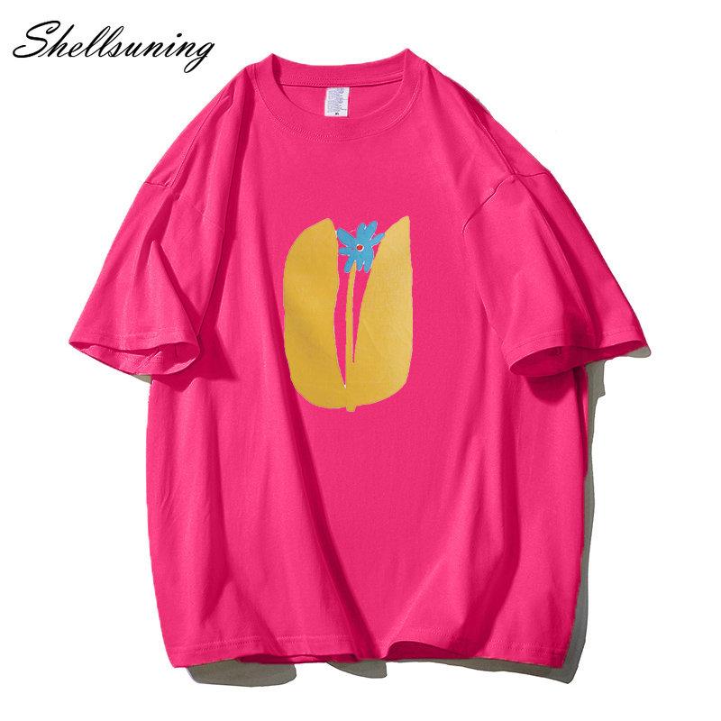 Shellsuning Summer Aesthetic Floral T Shirts Women Loose Short Sleeve Cotton Printed Tees Female Casual O Neck Vintage Base Tops