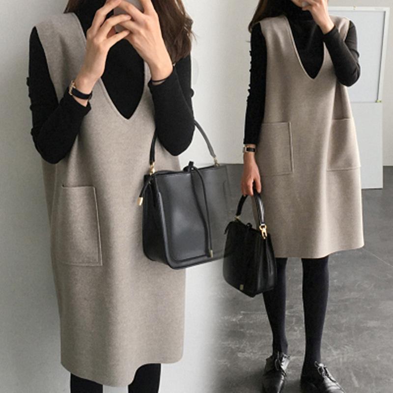 Korean Style Mid-Length V-Neck Vest Dress Set for Autumn/Winter - Two-Piece Casual Fashion