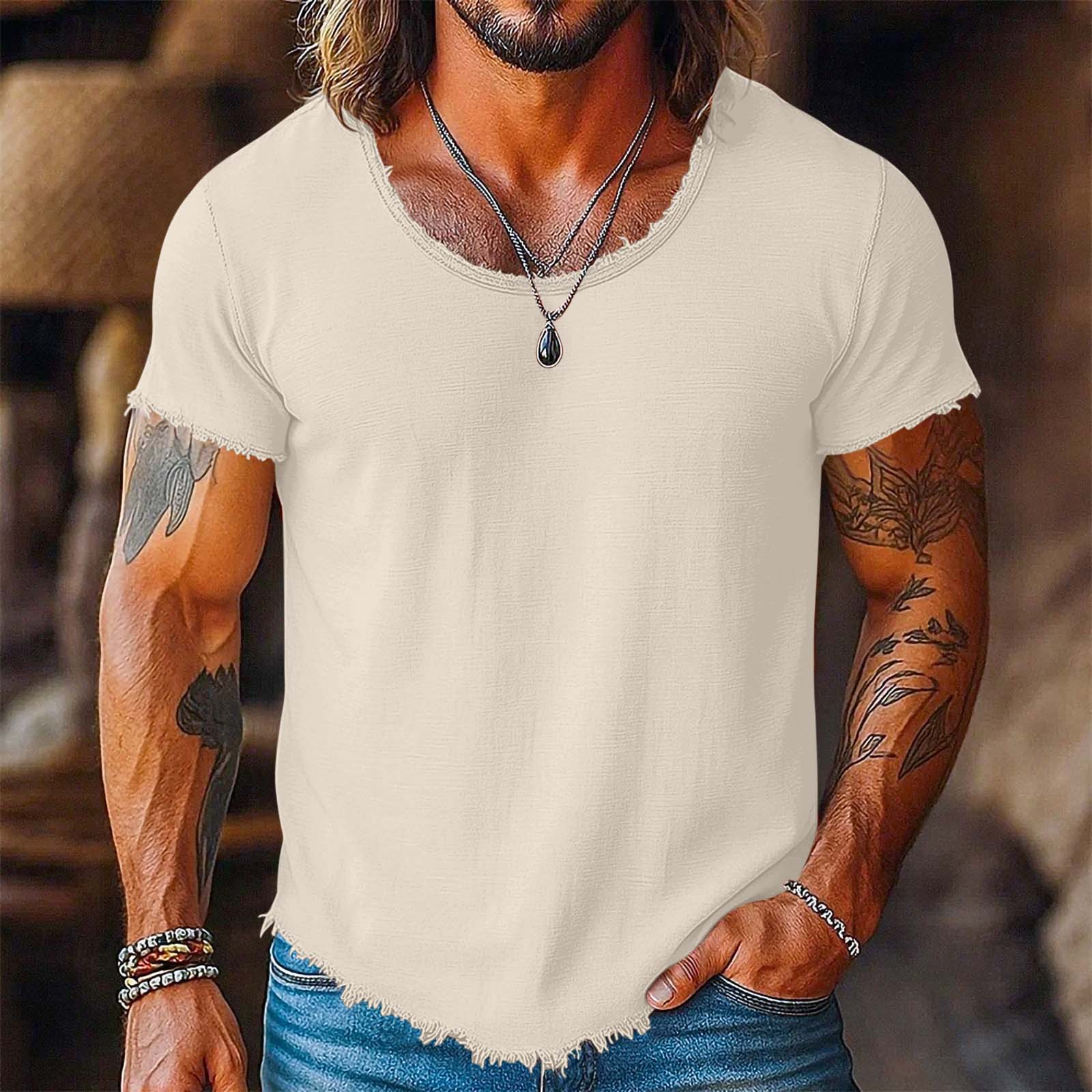 Men Casual Short Sleeve T Shirt Distressed Raw Edge Crew Neck Lightweight Summer Tee for Everyday Wear S бежевый