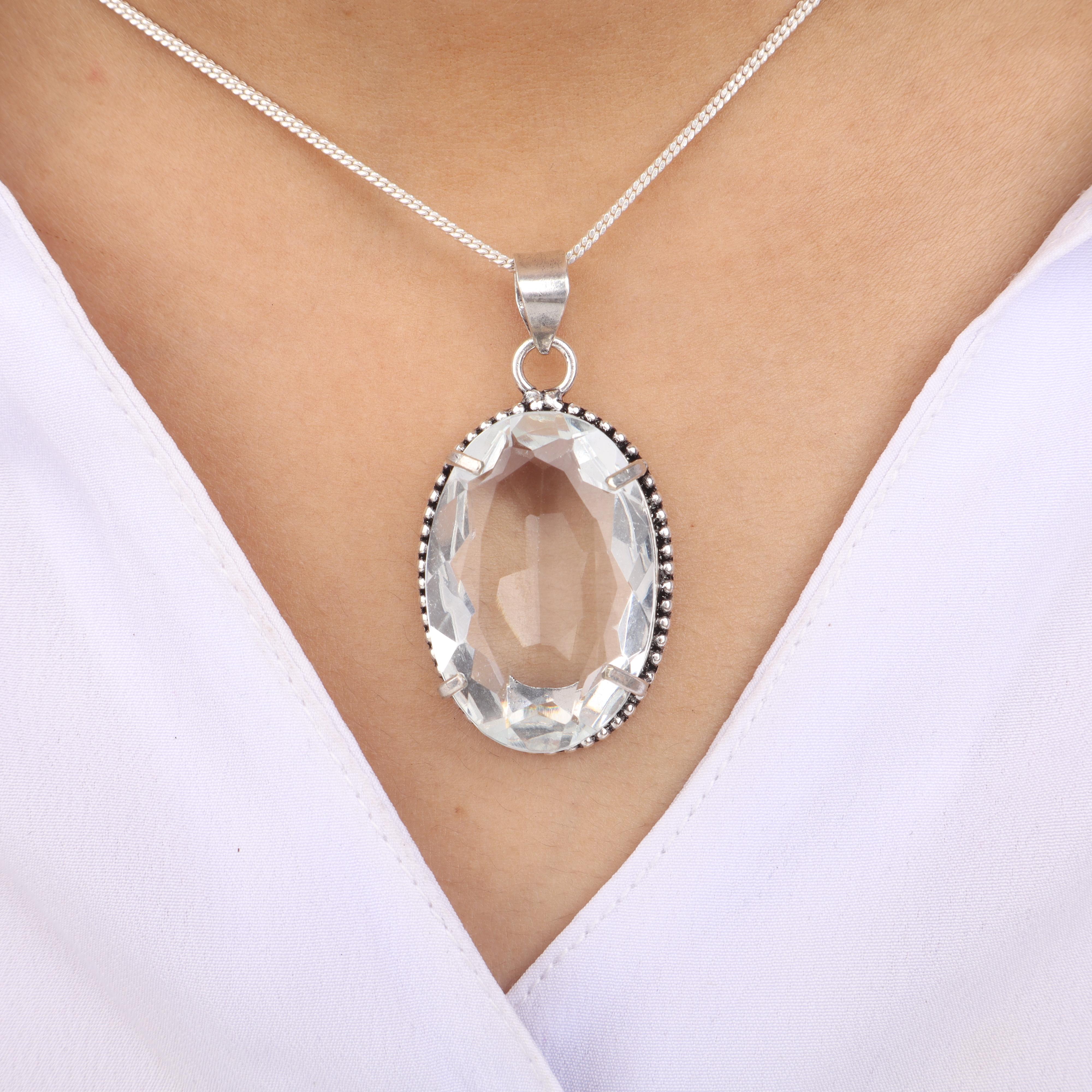 

Crystal Quartz Gemstone Silver Pendant 1.75 , 925 Sterling Silver Handmade Jewelry, Women Wedding Pendant PP-63-5