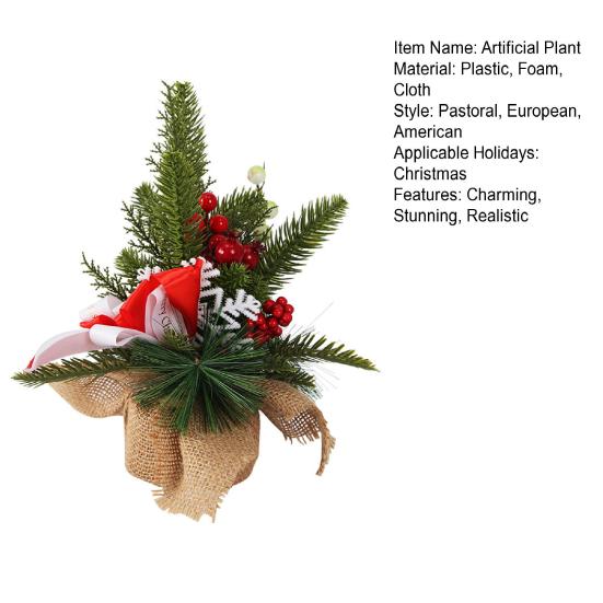 Small Christmas Artificial Plants with Burlap Base Faux Pine Branches with Red Berries/Poinsettias Flower