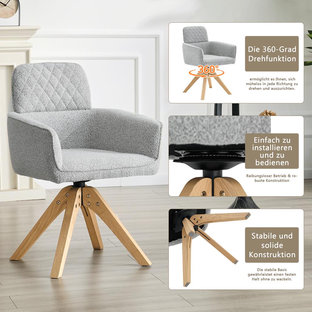 Set of 2 Wabi-Sabi dining chairs (360 degrees rotatable) – Grey diamond-pattern fabric, solid wood legs