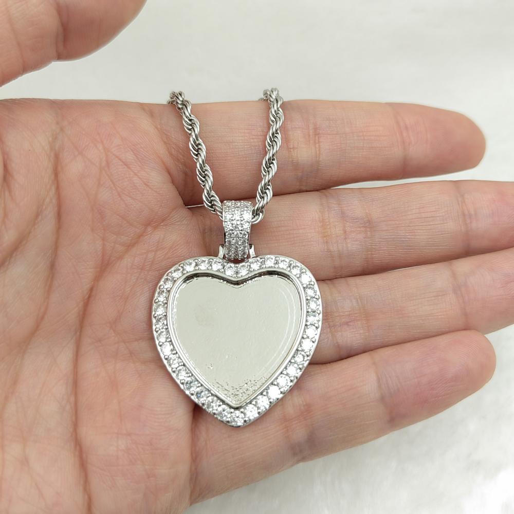 PP15 Brass Cubic Zircon Heart Photo Pendants Necklace Hip Hop Necklace BlingJewelry
