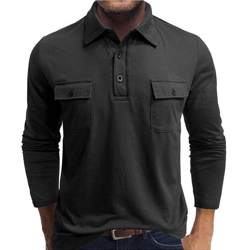 Men Long Sleeve Pocket Lapel Collar Casual Polo Shirt Outdoor Leisure Mens Top