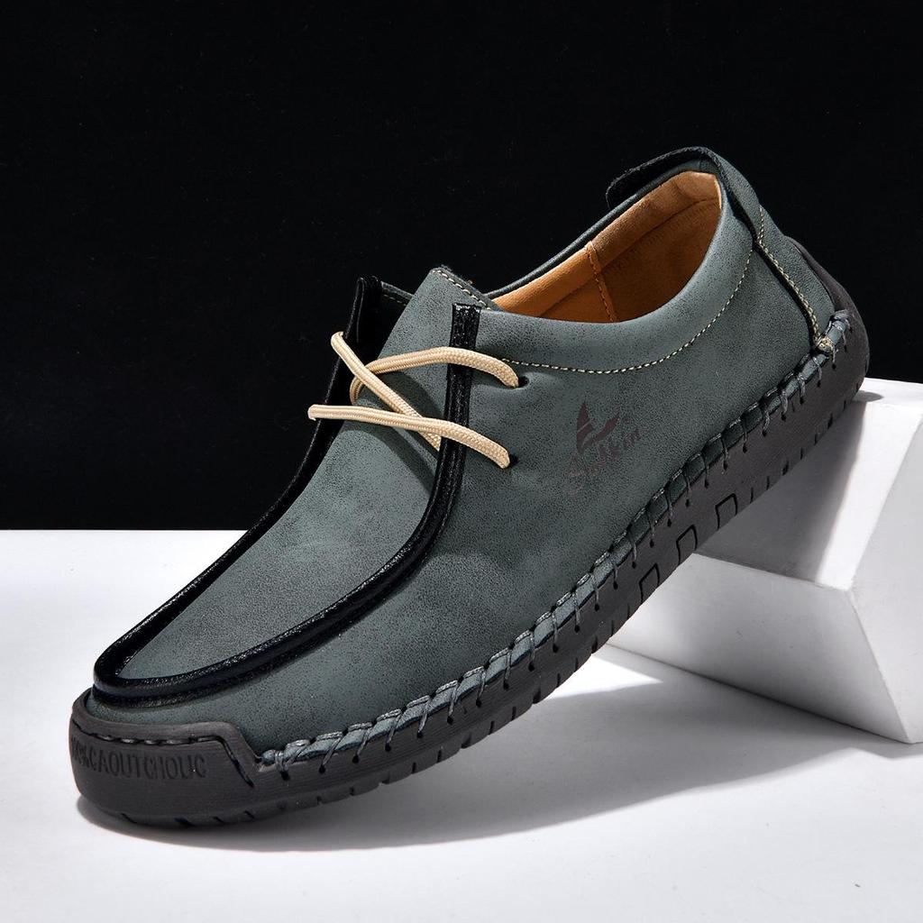 Men's Hand-stitched Leather Slip-on Loafers - Outdoor Casual Flat Shoes, Low-top & Large Size.