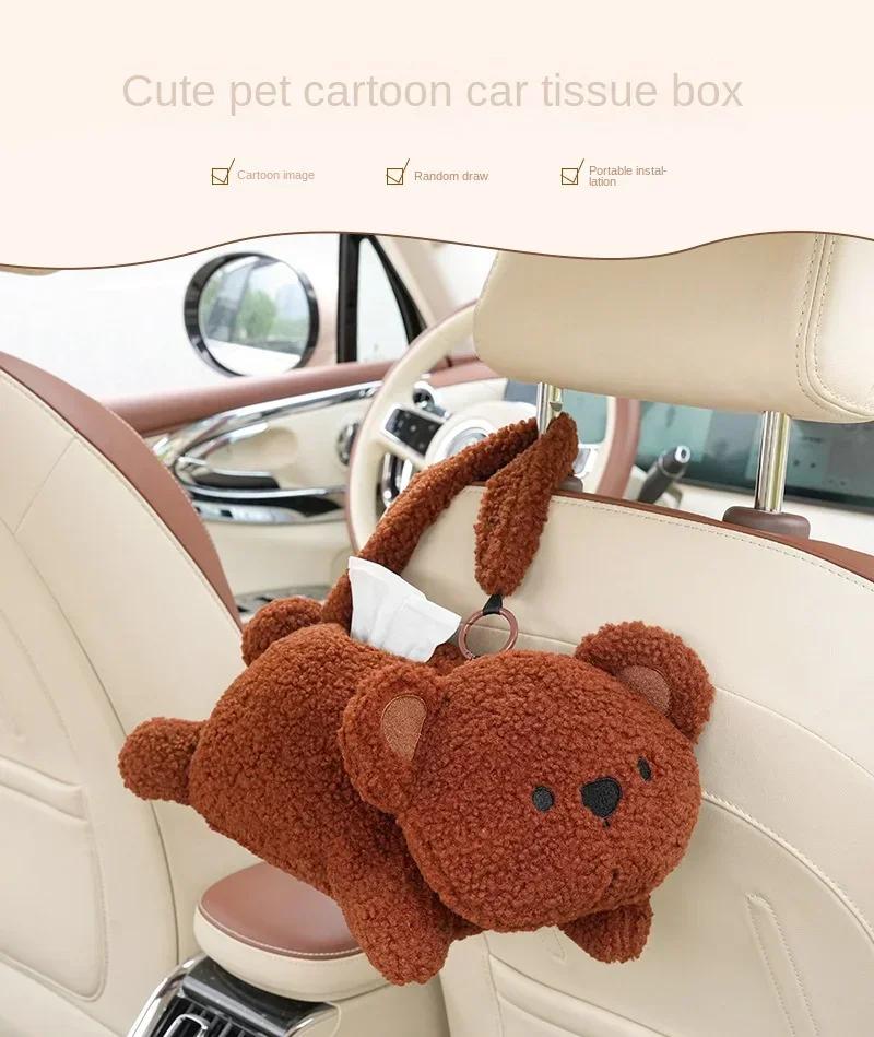 Car Hanging Tissue Box Set - Cute Rabbit & Cat Plush Design, Black/White Options, Soft Stuffed Car Back Seat Tissue Holder