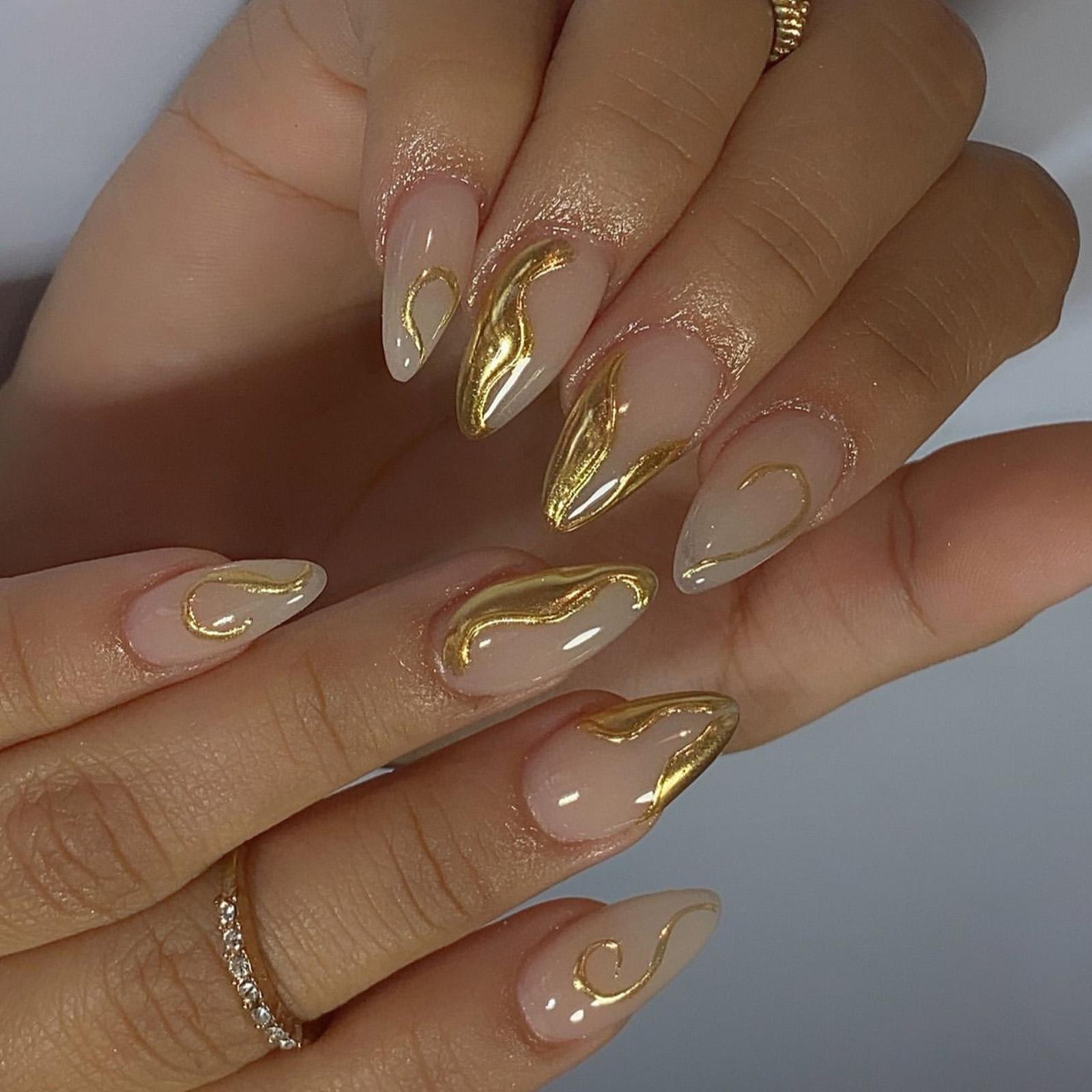 

Накладные ногти короткий миндаль, накладные ногти с 3D нерегулярными металлическими линиями, глянцевые наклейки для ногтей, полное покрытие, типсы для ногтей