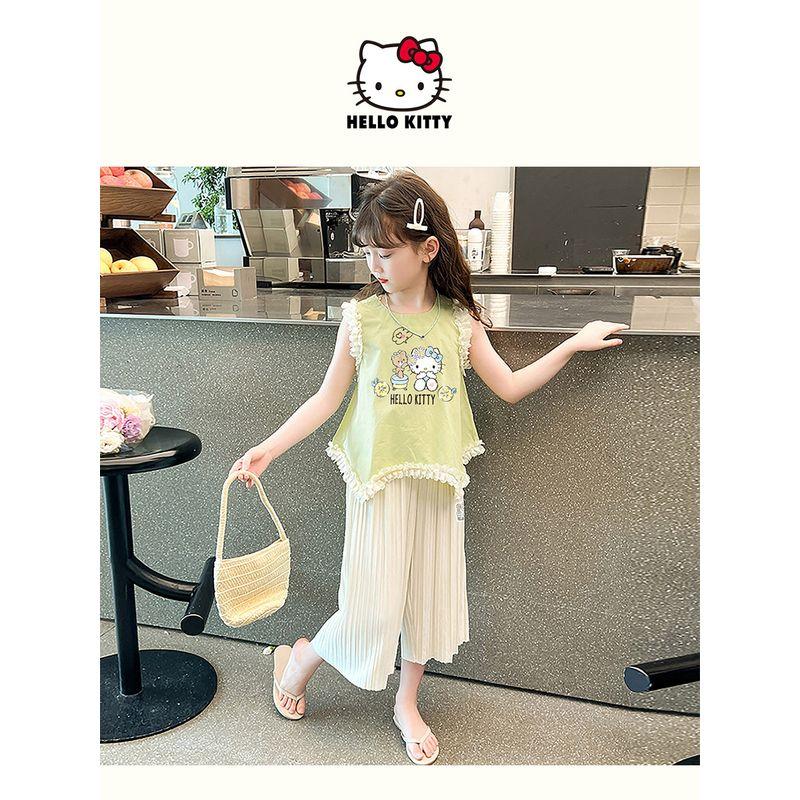 Hellokitty Girls Summer Suit 2025 New Lace-Edged Short-Sleeved Draped Pants Kidsren's Summer Two-Piece Set