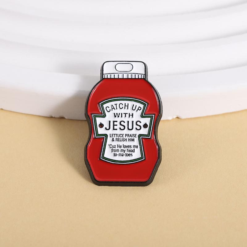 Catch Up With Jesus Enamel Pins Tomato Sauce Brooches Lapel Badges Cartoon Faith Christ Jewelry Gift for Friends