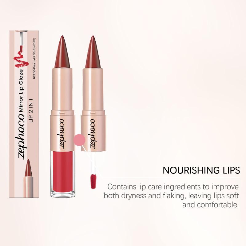 2 in Brick Red Lip Liner Pencil with Plumping Crystal Lip Gloss Double Head Makeup Kit for Full Lips Look All Day Glam
