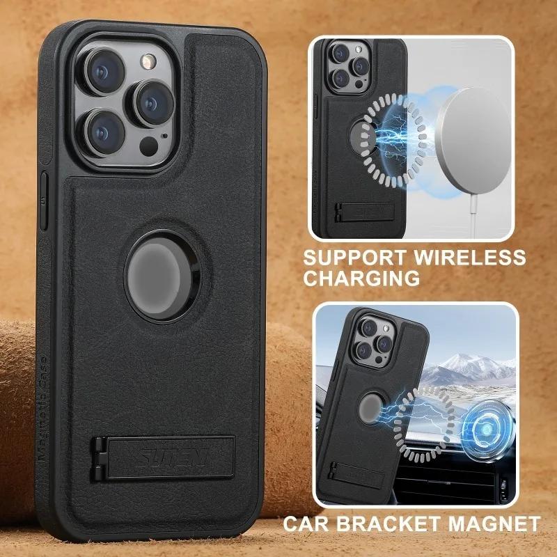 Leather Magnetic Clemence Holder Phone Case for IPhone 15 14 Plus 13 12 Pro Max WIth Kickstand Shockproof Protective Back Cover