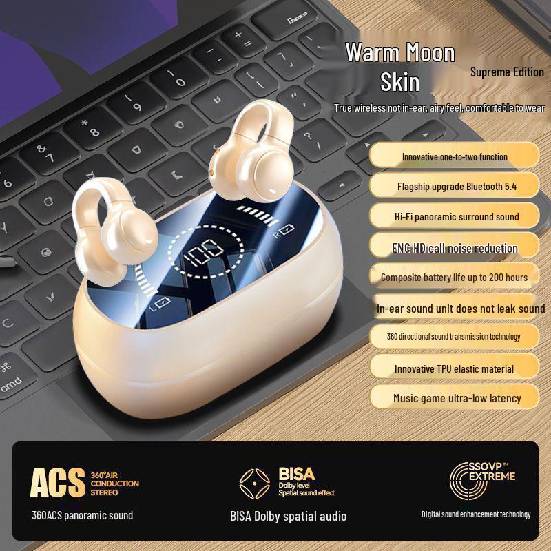 Bluetooth Bone Conduction Clip-On Earbuds with Smart Display & Extended Battery
