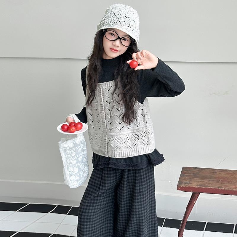 Girls' Plaid Wide-Leg Pants 3-Piece Set for Spring/Autumn 2025