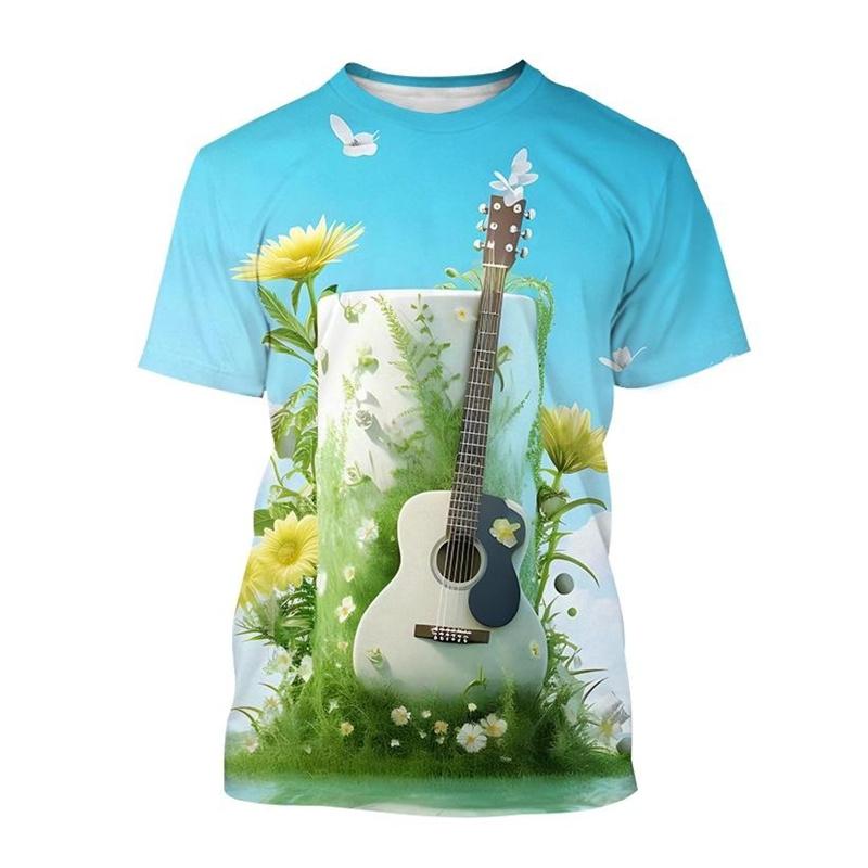 Camiseta con estampado 3D de arte de guitarra creativa, patrón de instrumento musical, camiseta de manga corta con cuello redondo para hombres, camisetas casuales